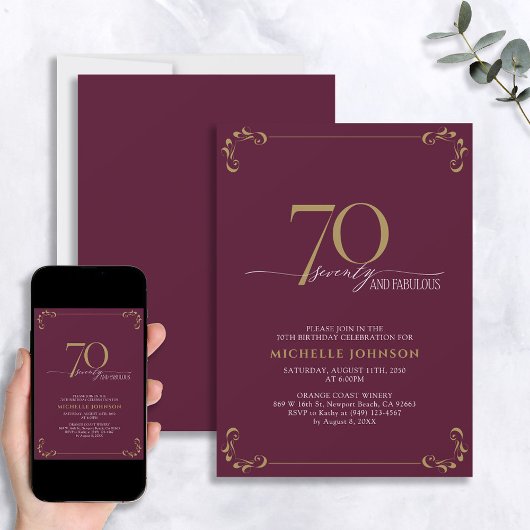 70 & Fabulous Burgundy White en Gold Birthday Kaart