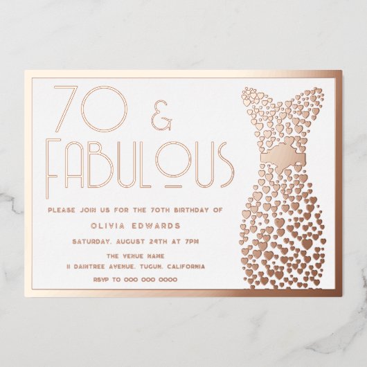 70 & Fabulous Gold Gown Retro 70th Birthday Folie Uitnodiging (Voorkant)