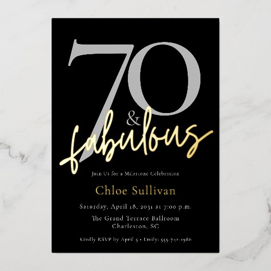70 & Fabulous Gouden Script Chic Verjaardagsfeest Folie Uitnodiging (Voorkant)