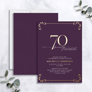 70 & Fabulous Paars & Gold Calligraphy Birthday Folie Uitnodiging