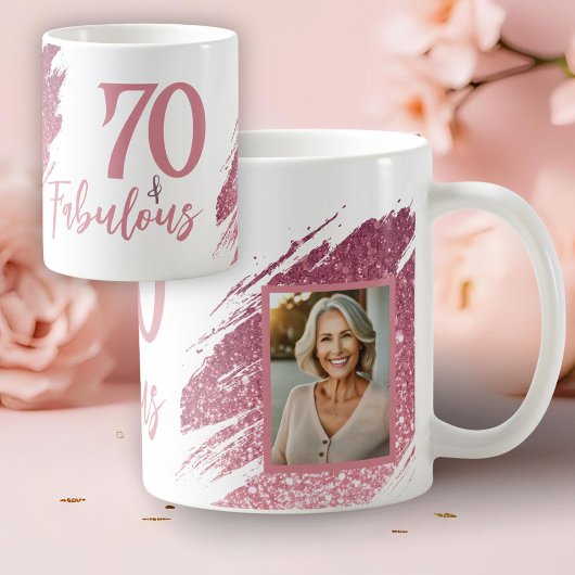70 & Fabulous Pink Glitter 2 Photo 70th Birthday Koffiemok