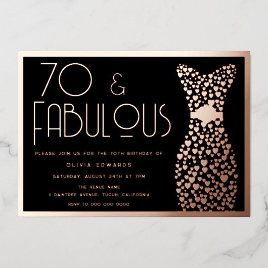 70 & Fabulous! Rose Gold & Black 70th Birthday  Folie Uitnodiging (Voorkant)