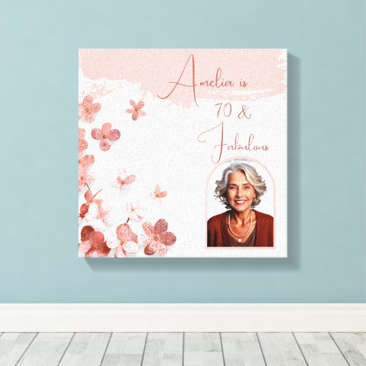 70 & Fabulous Roze Glitter Bloemen Foto Verjaardag Canvas Afdruk (Insitu (Houten vloer))