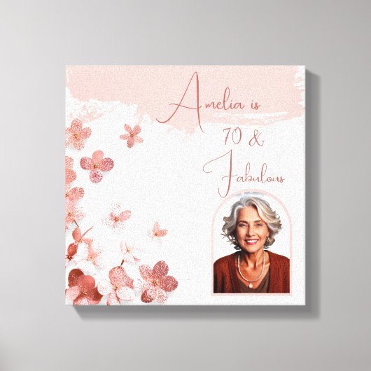 70 & Fabulous Roze Glitter Bloemen Foto Verjaardag Canvas Afdruk (Voorkant)