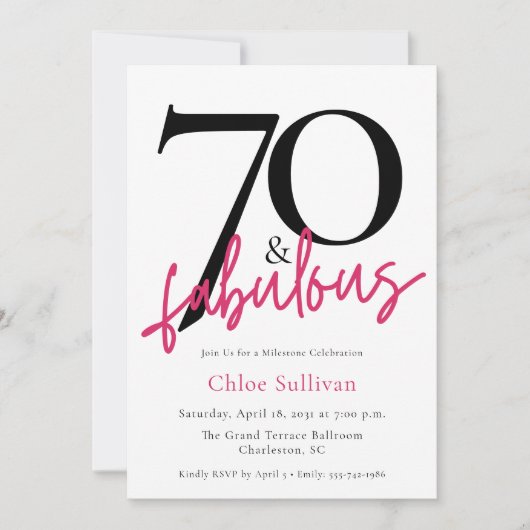 70 & Fabulous Roze Script Chic Verjaardagsfeestje Kaart (Voorkant)