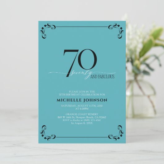 70 & Fabulous Turquoise Black & White Birthday Kaart (Staand voorkant)