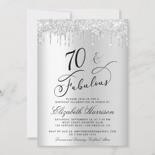 70 Fabulous Zilveren Glitter Verjaardagsfeestje Kaart (Voorkant)