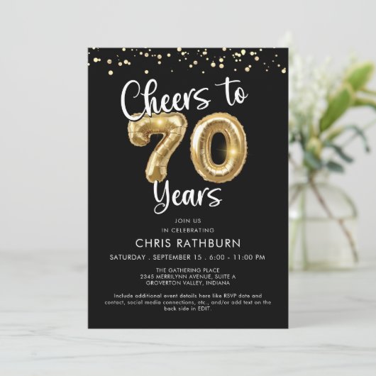 70 jaar ballonnen Confetti uitnodiging (Staand voorkant)