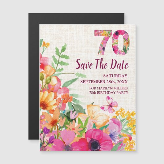 70 Jaar Bloemlinnen 70ste Verjaardag Save the Date Magnetische Uitnodiging (Voorkant / Achterkant)
