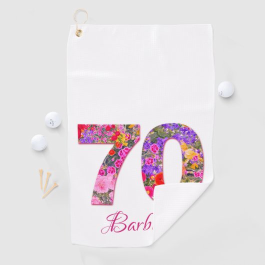 70 jaar verjaardagsfeestje bloemen roze golfhanddo golfhanddoek (Insitu)