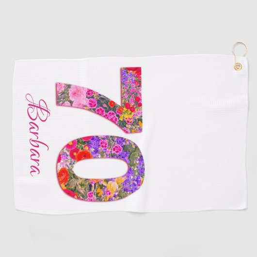 70 jaar verjaardagsfeestje bloemen roze golfhanddo golfhanddoek (Horizontaal)