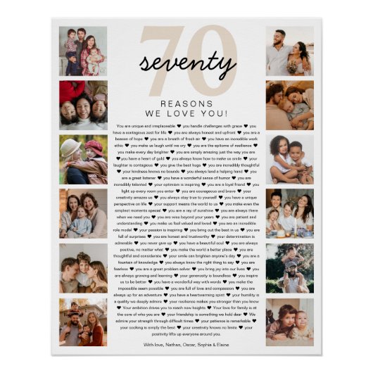 70 Reasons We Love You Birthday Keepsake Gift Perfect Poster (Voorkant)