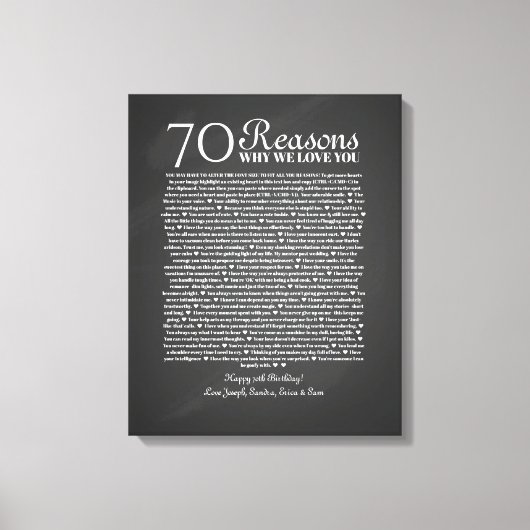 70 redenen waarom we van je verjaardagscadeau houd canvas afdruk (Voorkant)