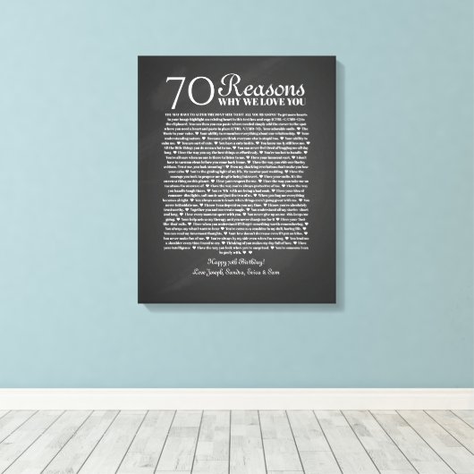 70 redenen waarom we van je verjaardagscadeau houd canvas afdruk (Insitu (Houten vloer))