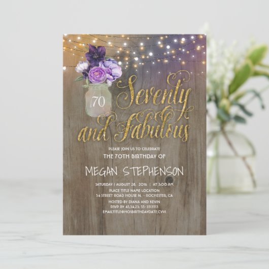 70 Rustieke Verjaardag - Paarse Bloemen Mason Jar Kaart (Staand voorkant)