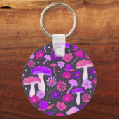 70 s Floral Mushrooms Vibrant Pink, Paars & zwart Sleutelhanger (Voorkant)