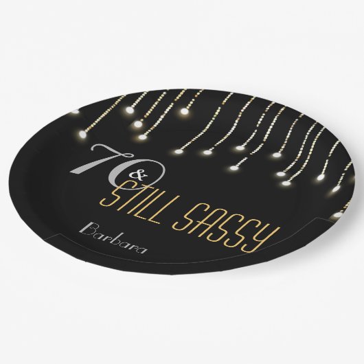 70 Sassy Black Silver Gold String Lights elegant Papieren Bordje (Gekanteld)