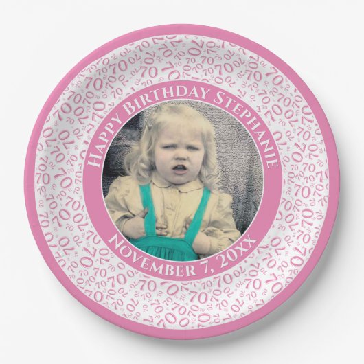 70 Uw foto Willekeurige nummerpatroon Roze/Wit Papieren Bordje (Voorkant)