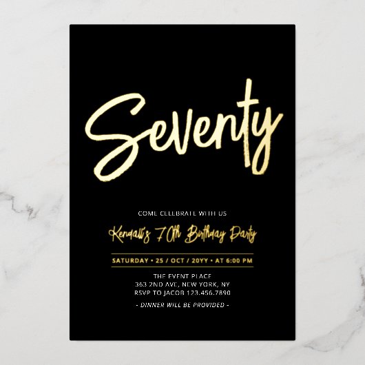 70 | Zwart grafisch script 70e verjaardag Folie Uitnodiging (Voorkant)