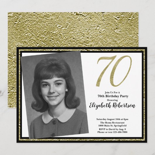 70e aangepaste foto wit zwart en goud kaart (Voorkant / Achterkant)