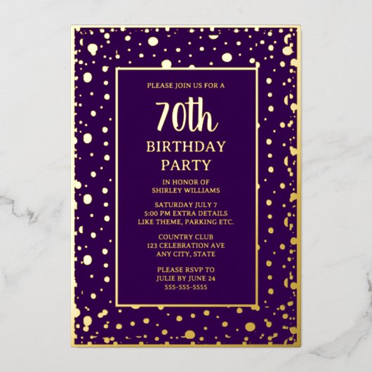 70e Aangepaste Verjaardag Party Goud Paarse Textur Folie Uitnodiging (Voorkant)
