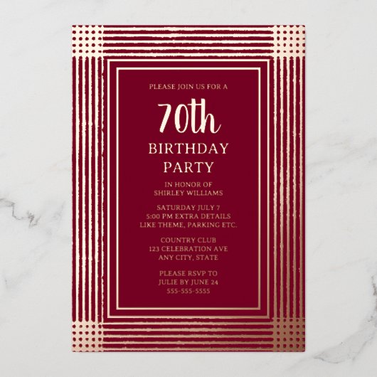 70e aangepaste verjaardagsfeest art deco gestructu folie uitnodiging (Voorkant)