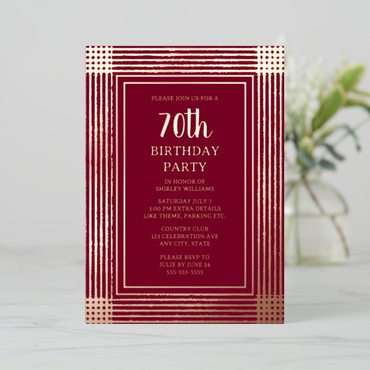 70e aangepaste verjaardagsfeest art deco gestructu folie uitnodiging (Staand Voorkant)