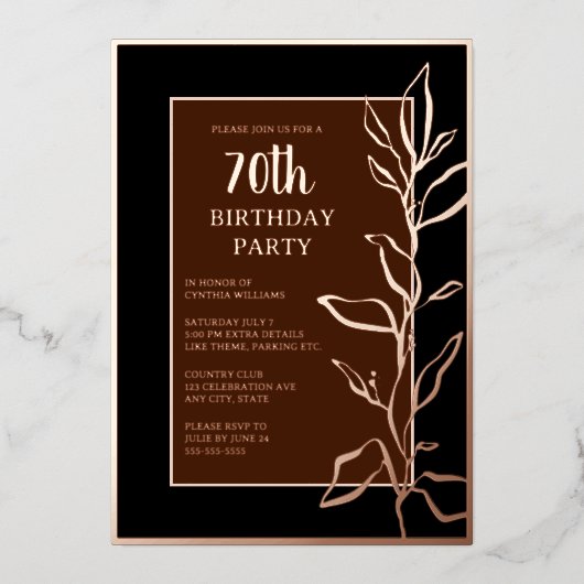 70e aangepaste verjaardagsfeest botanische elegant folie uitnodiging (Voorkant)