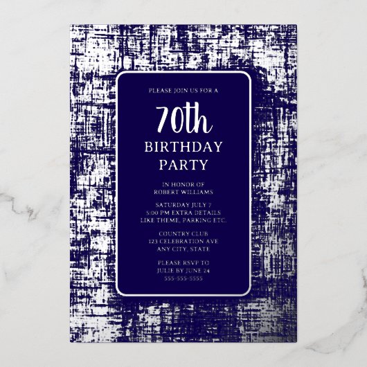 70e aangepaste verjaardagsfeest Siver Navy Classy Folie Uitnodiging (Voorkant)