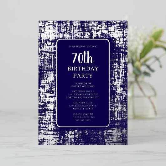 70e aangepaste verjaardagsfeest Siver Navy Classy Folie Uitnodiging (Staand Voorkant)