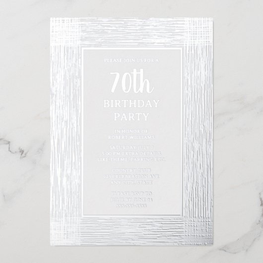 70e aangepaste verjaardagsfeest zilver textured Cl Folie Uitnodiging (Voorkant)
