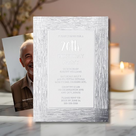 70e aangepaste verjaardagsfeestje zilver getexture folie uitnodiging
