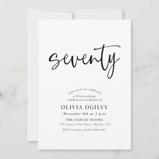 70e B & W Verjaardagsfeest Moderne Script Typograf Kaart (Voorkant)