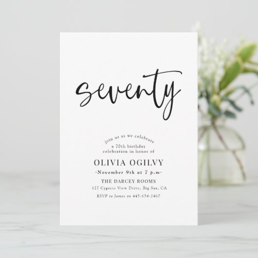 70e B & W Verjaardagsfeest Moderne Script Typograf Kaart (Staand voorkant)