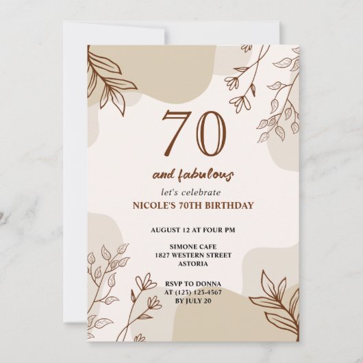 70e beige bruine bloemenverjaardagsuitnodiging kaart (Voorkant)