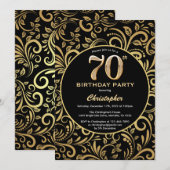 70e Birthday Black en Gold Floral Pattern Kaart (Voorkant / Achterkant)