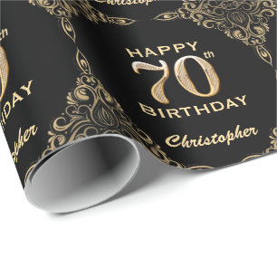 70e Birthday Black en Gold Glitter Lijst Cadeaupapier