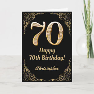70e Birthday Black en Gold Glitter Lijst Kaart