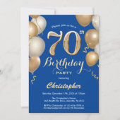 70e Birthday Blue en Gold Balloons Confetti Kaart (Voorkant)
