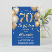70e Birthday Blue en Gold Balloons Confetti Kaart (Staand voorkant)