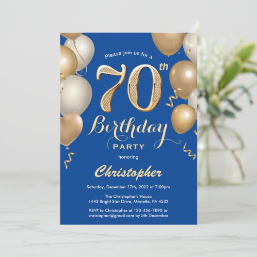 70e Birthday Blue en Gold Balloons Confetti Kaart (Staand voorkant)