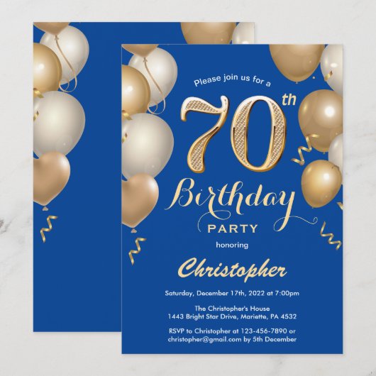 70e Birthday Blue en Gold Balloons Confetti Kaart (Voorkant / Achterkant)