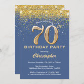 70e Birthday Blue en Gold Glitter Confetti Kaart (Voorkant / Achterkant)