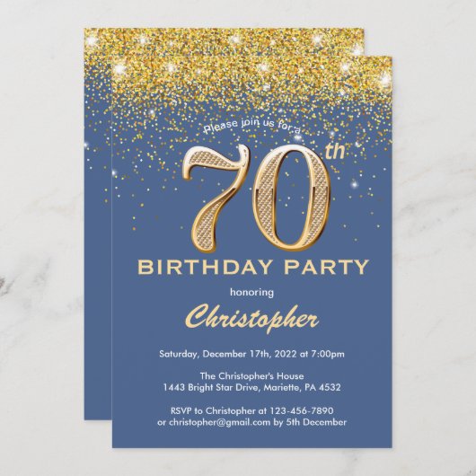 70e Birthday Blue en Gold Glitter Confetti Kaart (Voorkant / Achterkant)