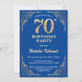 70e Birthday Blue en Gold Glitter Lijst Kaart (Voorkant)