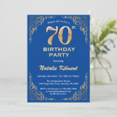 70e Birthday Blue en Gold Glitter Lijst Kaart (Staand voorkant)