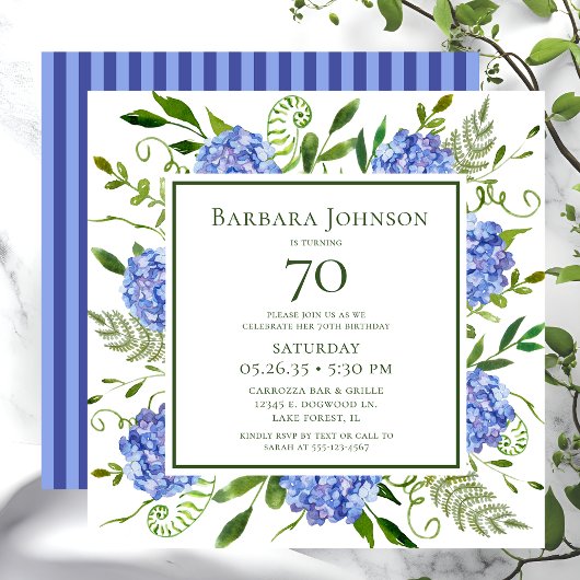 70e Birthday Blue Hydrangeas Kaart