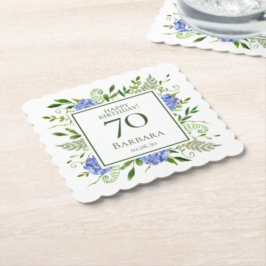70e Birthday Blue Hydrangeas Kartonnen Onderzetters (Gebogen)