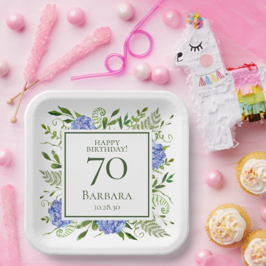70e Birthday Blue Hydrangeas Papieren Bordje (Feest)