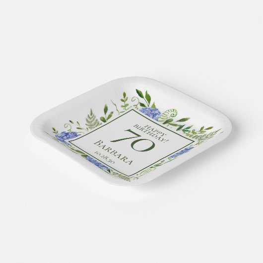 70e Birthday Blue Hydrangeas Papieren Bordje (Gebogen)